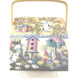 Vtg Kenyield Hand Painted Garden birdhouse Pie Carrier Picnic Basket 12"x 12"x7"